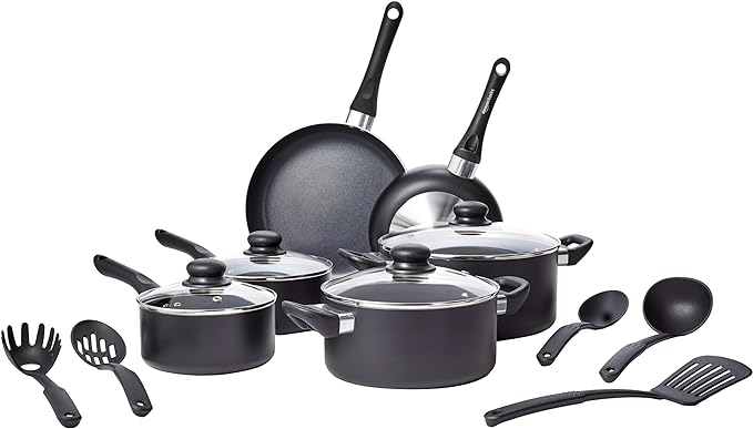 Amazon Basics 15-Piece Non-Stick Cookware Set – Black