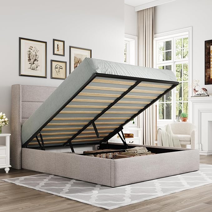 Allewie Queen Bed with Hydraulic Storage – Light Beige