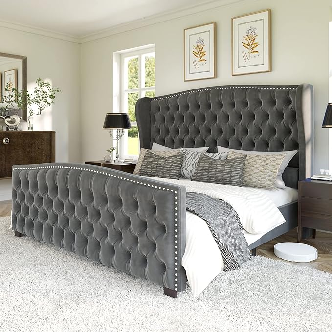 AMERLIFE Queen Velvet Bed Frame with Tufted Headboard