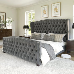 AMERLIFE Queen Velvet Bed Frame with Tufted Headboard